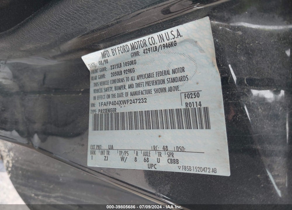 1998 FORD MUSTANG VIN: 1FAFP404XWF247232
