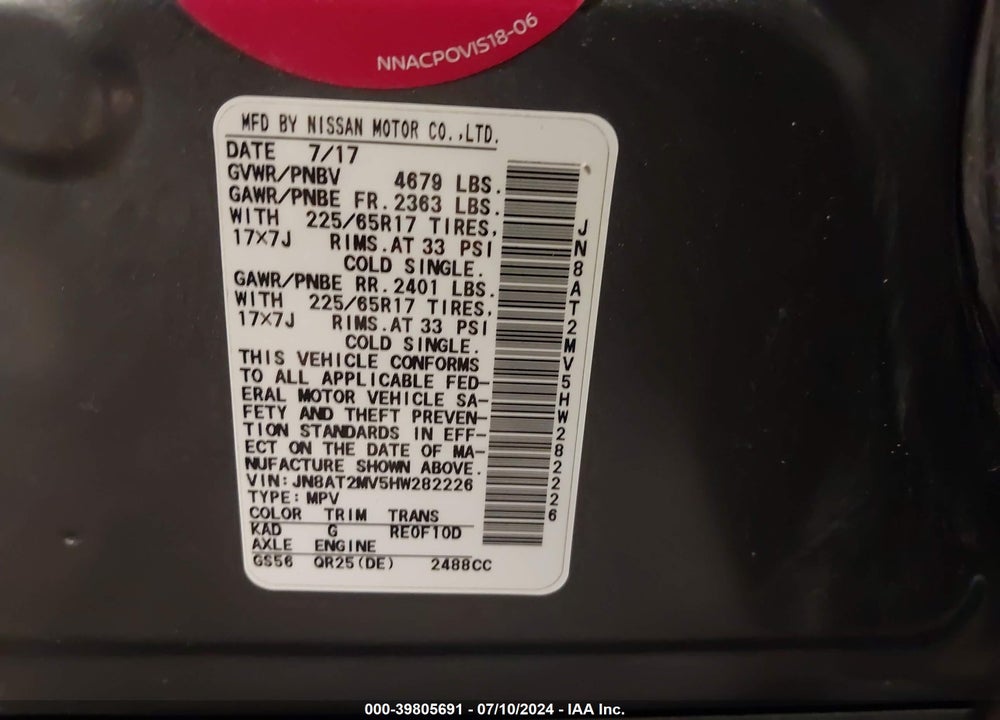 2017 NISSAN ROGUE SV VIN: JN8AT2MV5HW282226