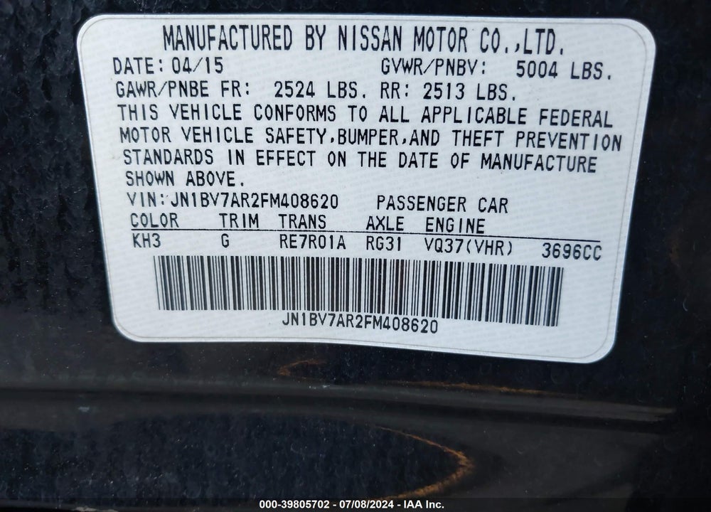 2015 INFINITI Q50 PREMIUM VIN: JN1BV7AR2FM408620