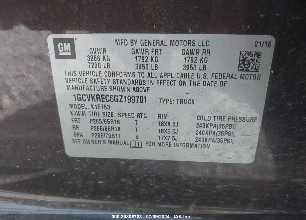 2016 CHEVROLET SILVERADO 1500 1LT VIN: 1GCVKREC6GZ199701