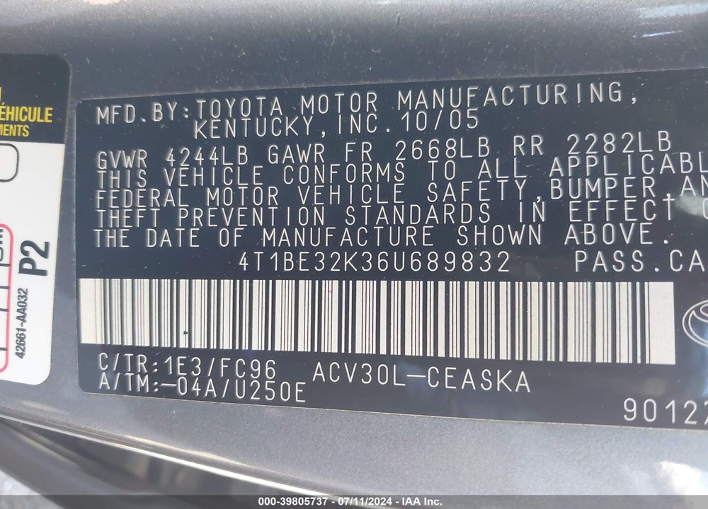 2006 TOYOTA CAMRY VIN: 4T1BE32K36U689832
