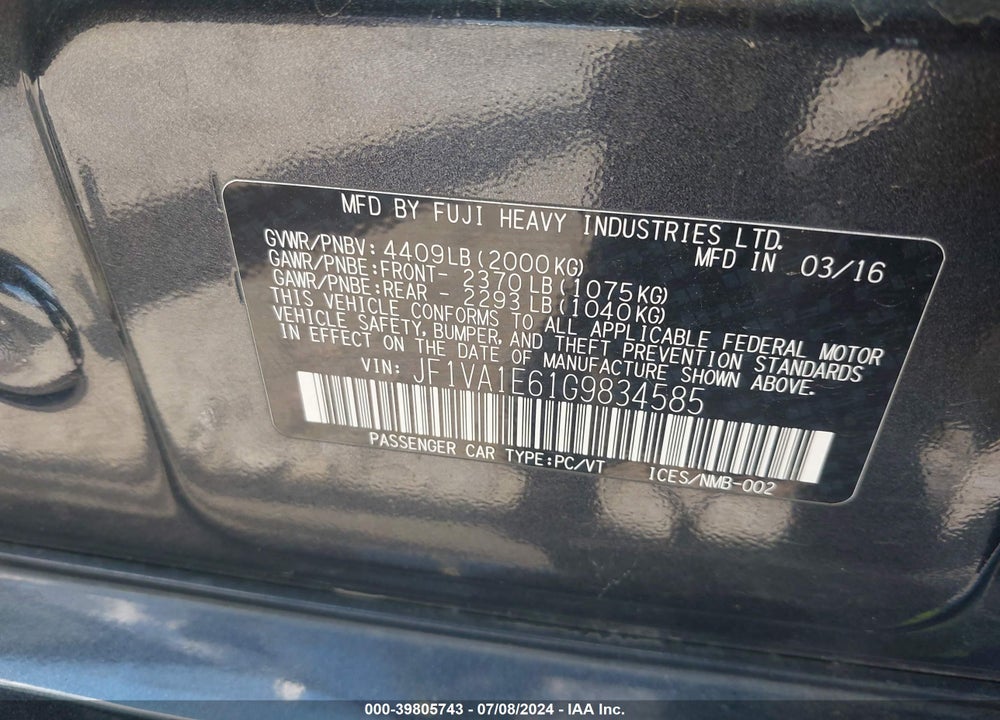 2016 SUBARU WRX PREMIUM VIN: JF1VA1E61G9834585