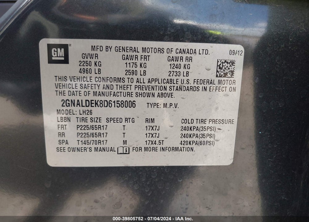 2013 CHEVROLET EQUINOX 1LT VIN: 2GNALDEK8D6158006
