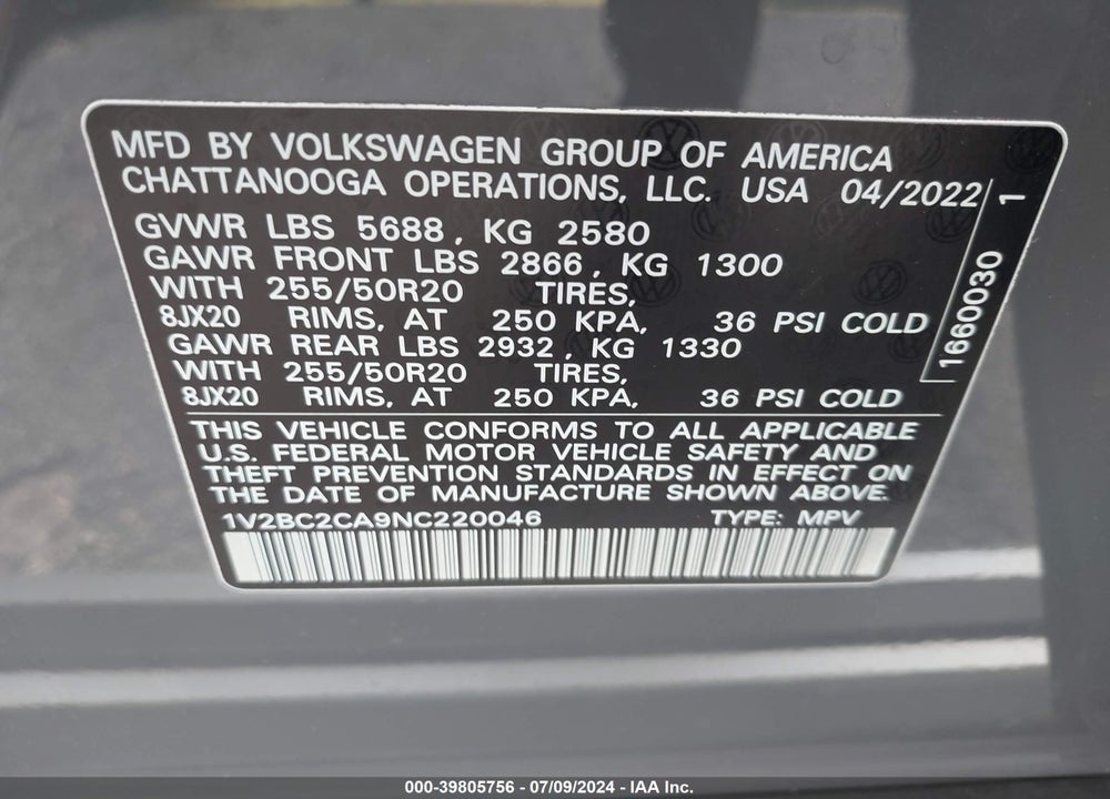 2022 VOLKSWAGEN ATLAS CROSS SPORT 2.0T SEL VIN: 1V2BC2CA9NC220046