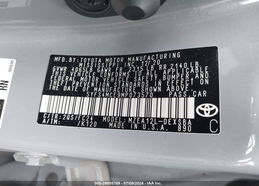 2021 TOYOTA COROLLA SE APEX EDITION VIN: 5YFS4MCE9MP073570