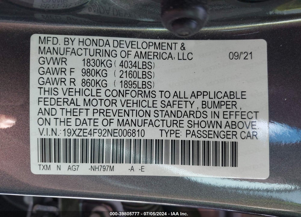 2022 HONDA INSIGHT TOURING VIN: 19XZE4F92NE006810