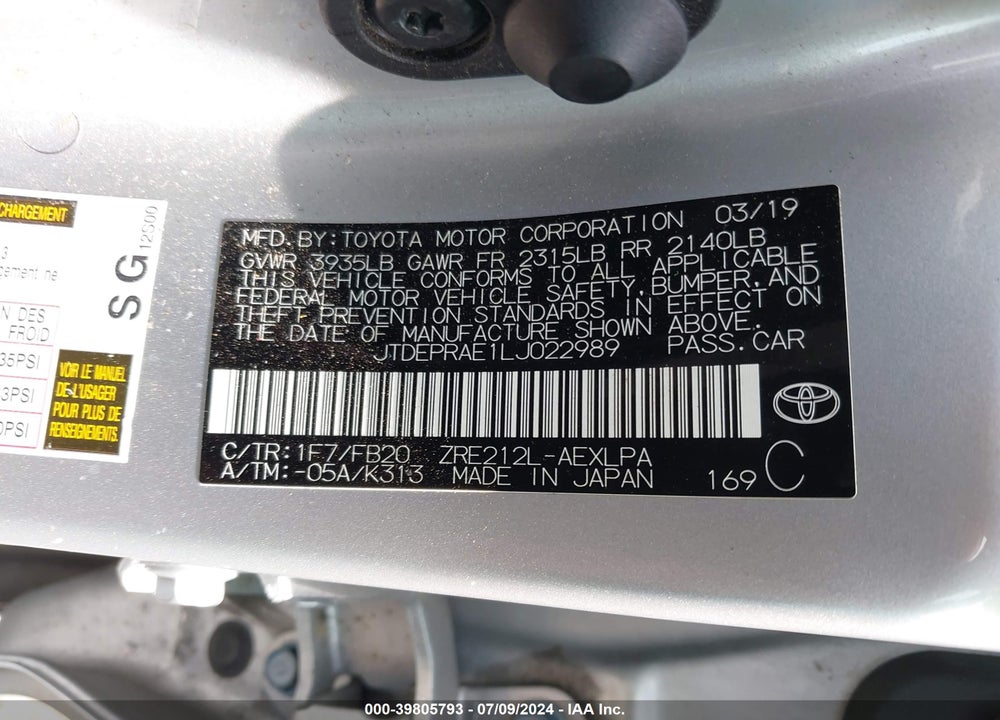 2020 TOYOTA COROLLA LE VIN: JTDEPRAE1LJ022989