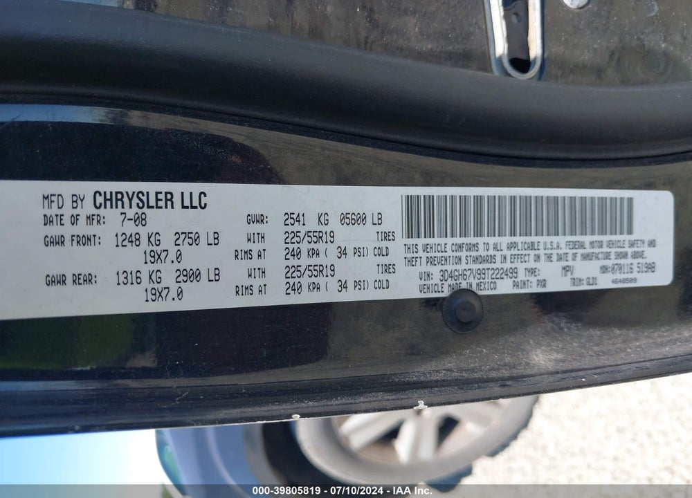 2009 DODGE JOURNEY R/T VIN: 3D4GH67V99T222499
