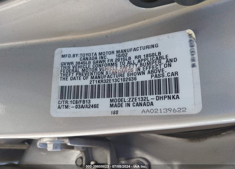 2003 TOYOTA MATRIX/XR VIN: 2T1KR32E13C102636