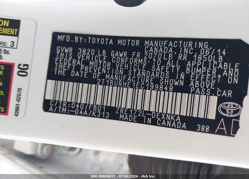 2014 TOYOTA COROLLA LE VIN: 2T1BURHE1EC199848