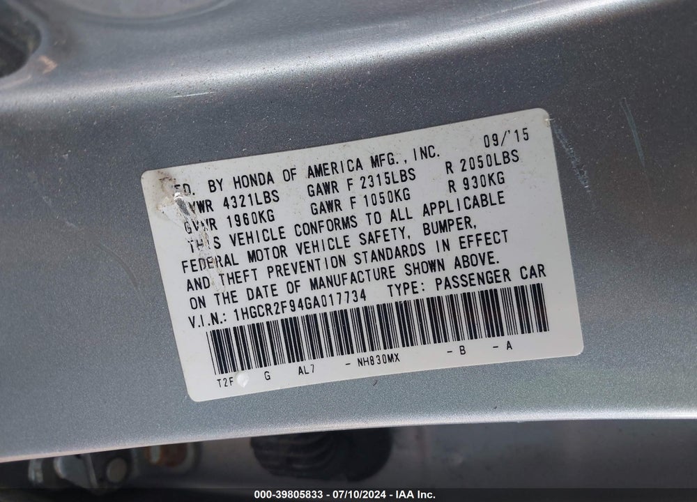2016 HONDA ACCORD EX-L VIN: 1HGCR2F94GA017734
