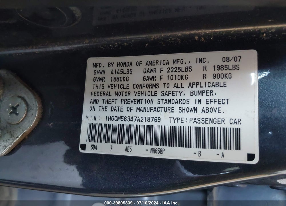 2007 HONDA ACCORD 2.4 SE VIN: 1HGCM56347A218769