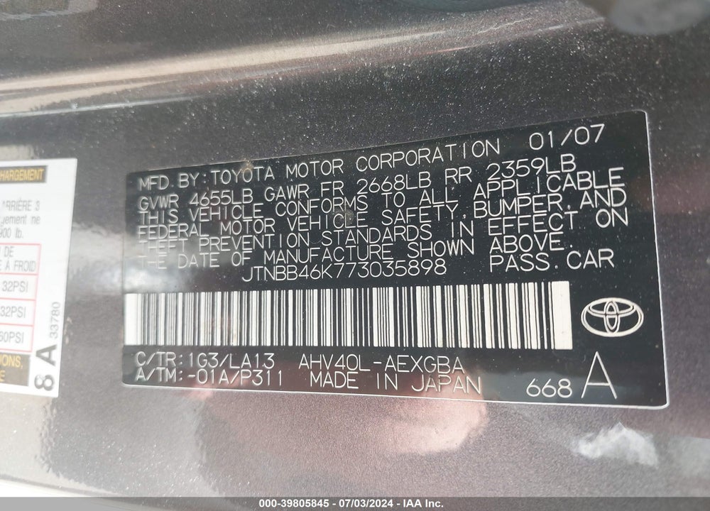 2007 TOYOTA CAMRY HYBRID VIN: JTNBB46K773035898