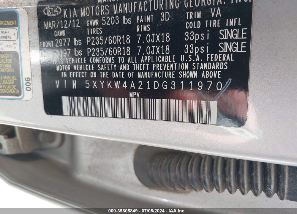 2013 KIA SORENTO SX VIN: 5XYKW4A21DG311970