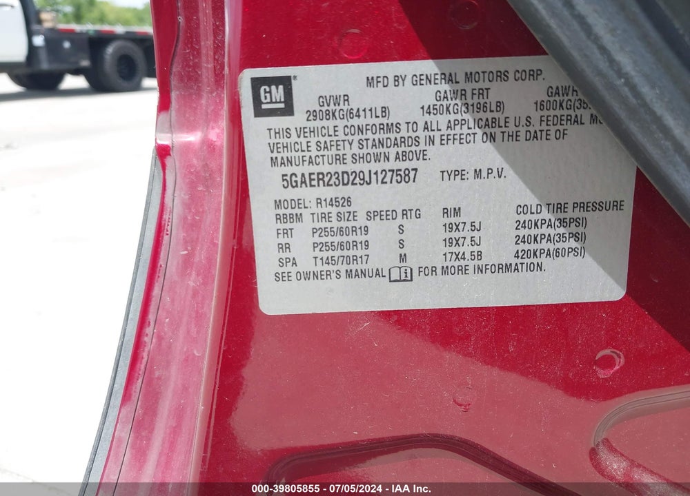 2009 BUICK ENCLAVE CXL VIN: 5GAER23D29J127587