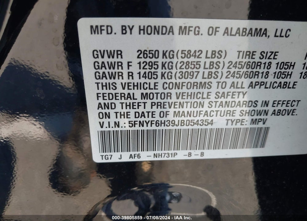 2018 HONDA PILOT EX VIN: 5FNYF6H39JB054354