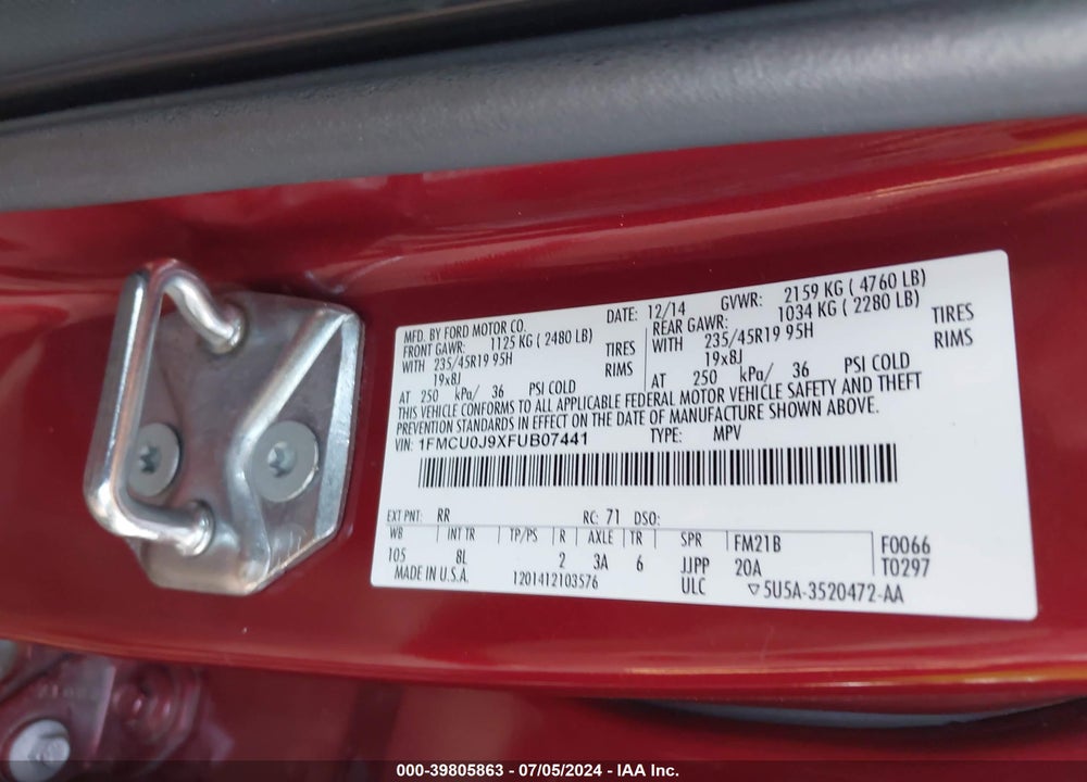 2015 FORD ESCAPE TITANIUM VIN: 1FMCU0J9XFUB07441