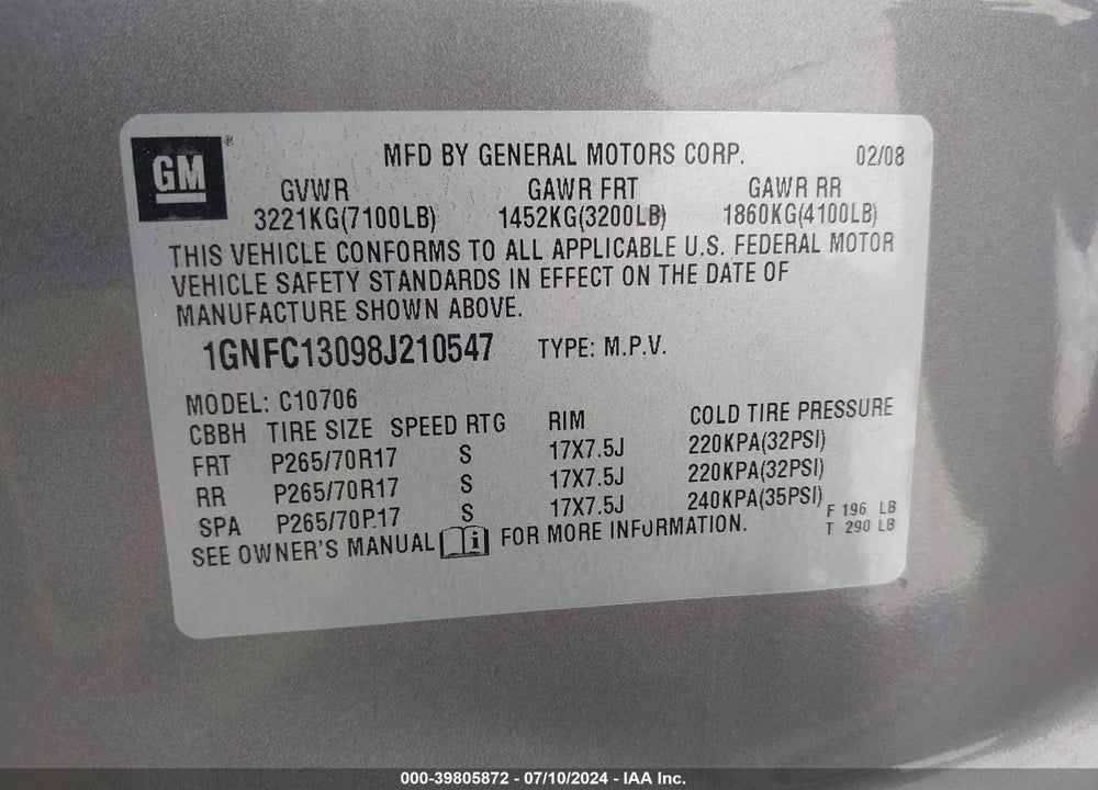 2008 CHEVROLET TAHOE LS VIN: 1GNFC13098J210547