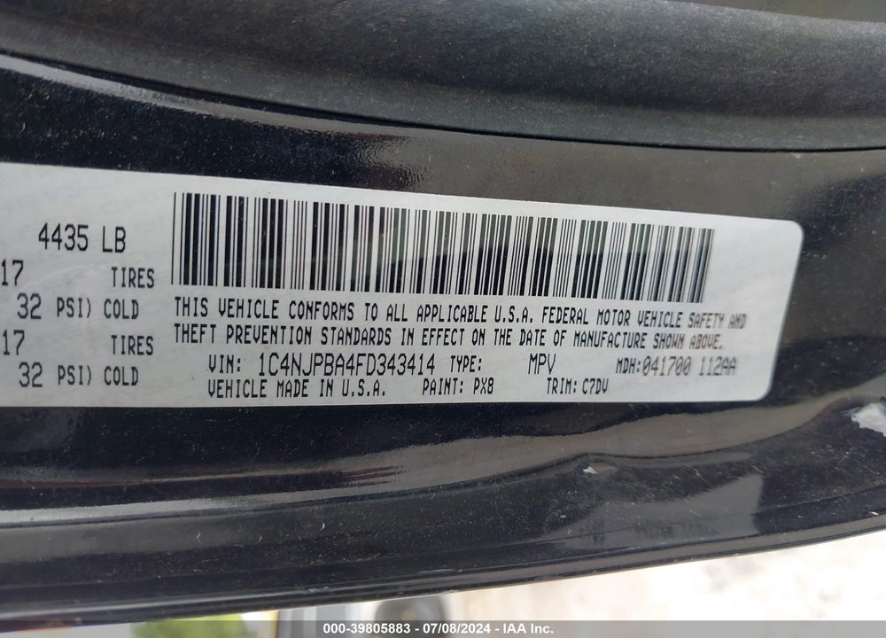 2015 JEEP PATRIOT ALTITUDE EDITION VIN: 1C4NJPBA4FD343414