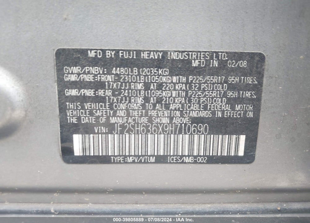 2009 SUBARU FORESTER 2.5X VIN: JF2SH636X9H710690