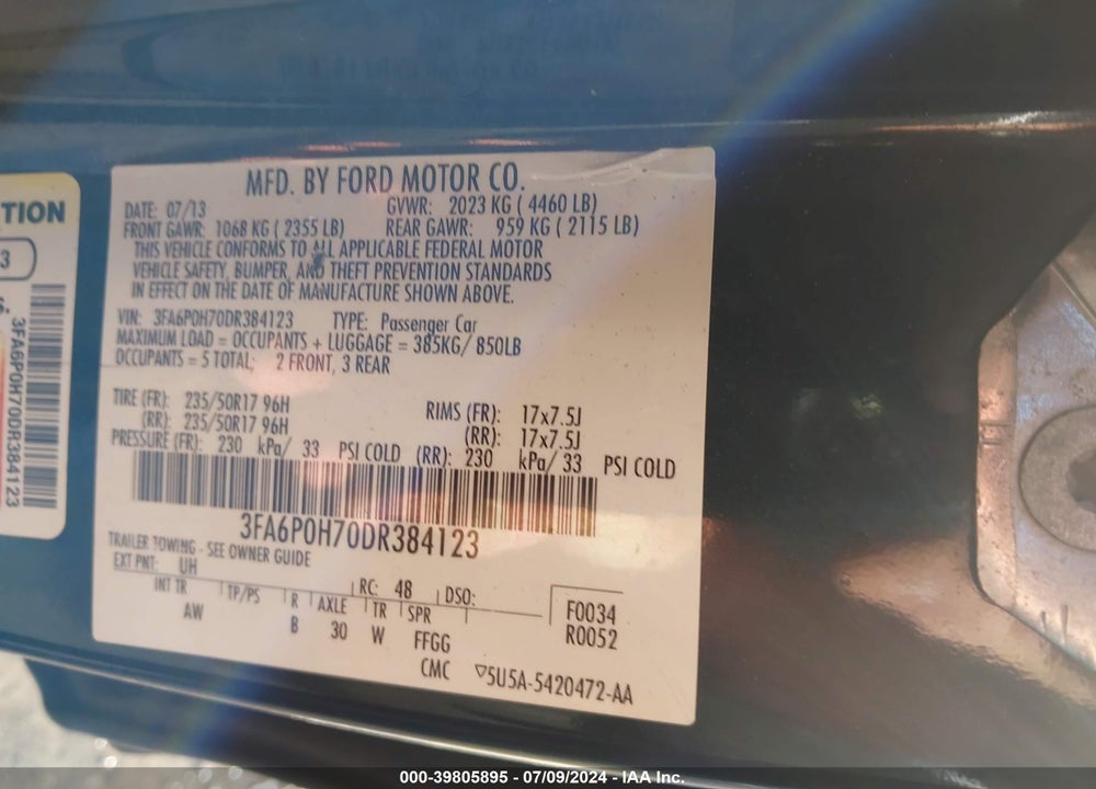 2013 FORD FUSION SE VIN: 3FA6P0H70DR384123