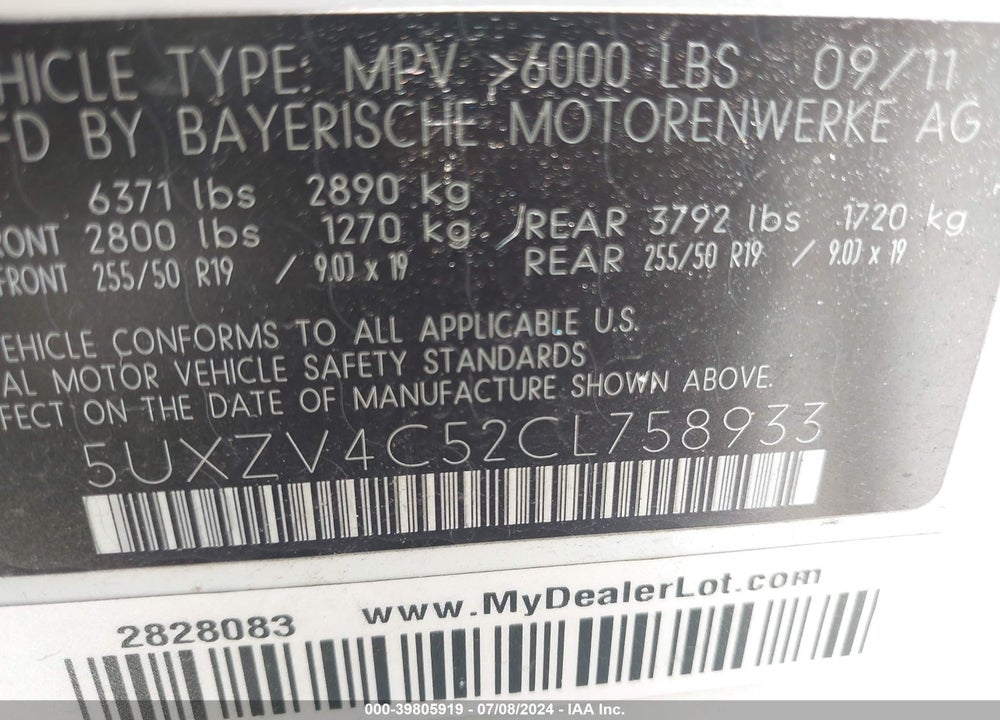 2012 BMW X5 XDRIVE35I/XDRIVE35I PREMIUM/XDRIVE35I SPORT ACTIVITY VIN: 5UXZV4C52CL758933