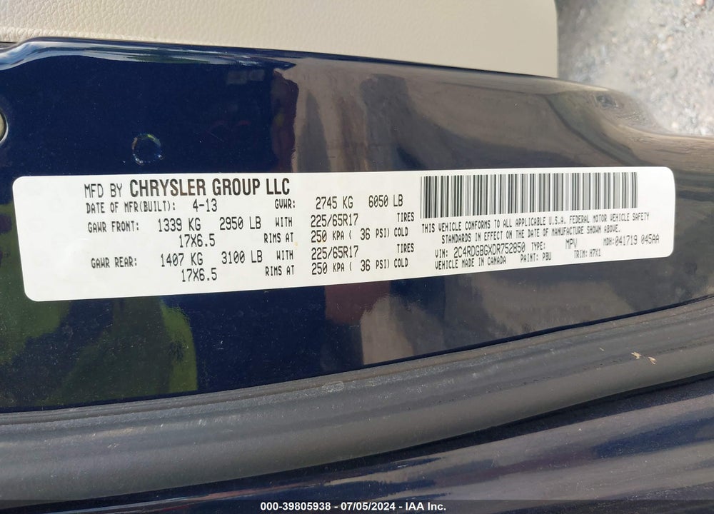 2013 DODGE GRAND CARAVAN SE VIN: 2C4RDGBGXDR752850