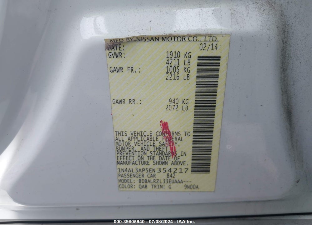 2014 NISSAN ALTIMA 2.5/2.5 S/2.5 SL/2.5 SV VIN: 1N4AL3AP5EN354217