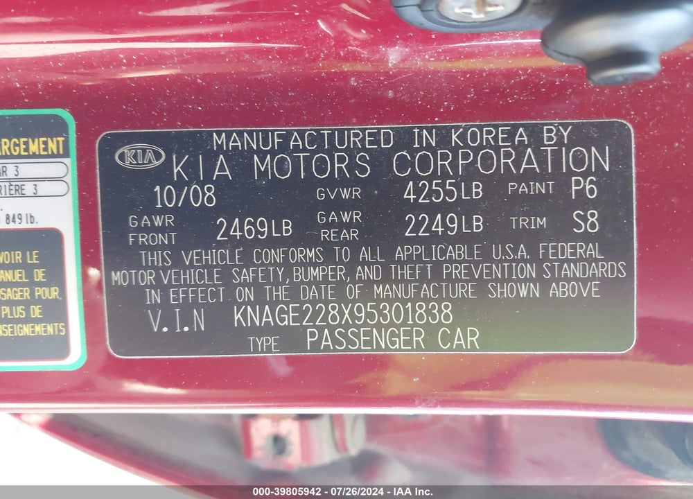 2009 KIA OPTIMA LX VIN: KNAGE228X95301838