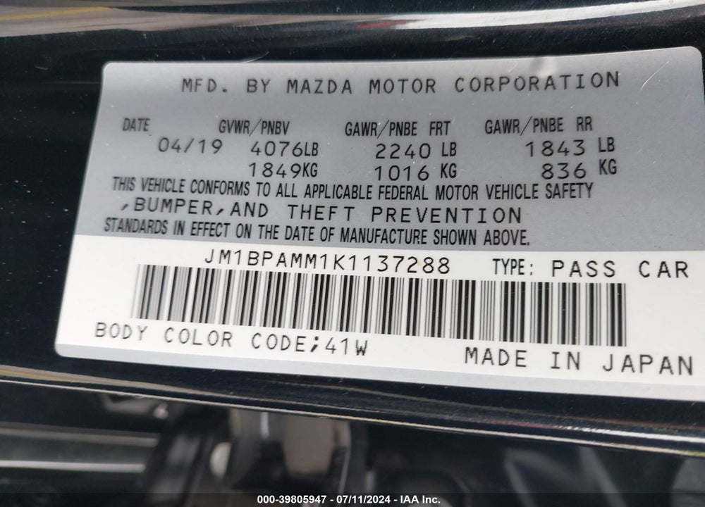 2019 MAZDA 3 PREFERRED PACKAGE VIN: JM1BPAMM1K1137288