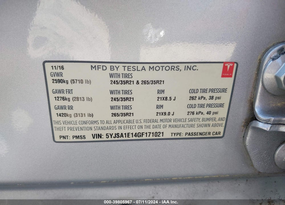 2016 TESLA MODEL S 60/70/75/85 VIN: 5YJSA1E14GF171021