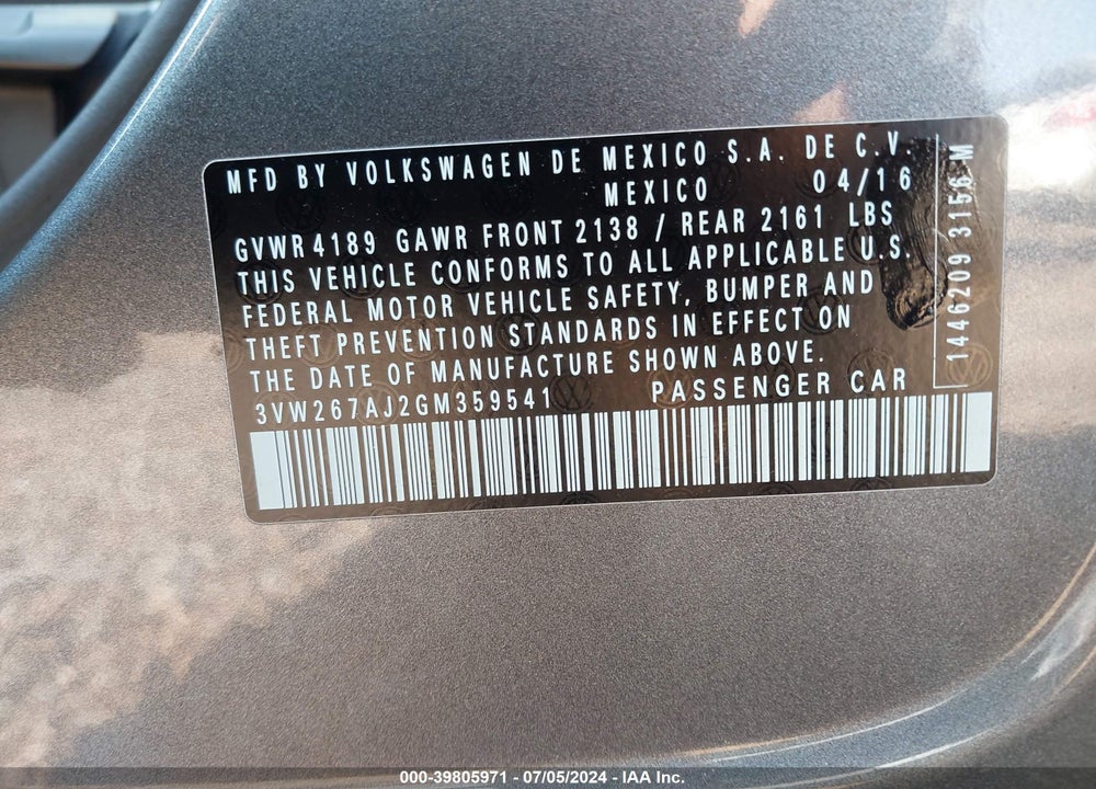 2016 VOLKSWAGEN JETTA 1.4T S VIN: 3VW267AJ2GM359541