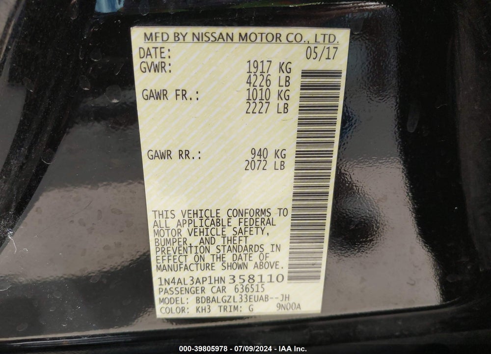 2017 NISSAN ALTIMA 2.5 S VIN: 1N4AL3AP1HN358110