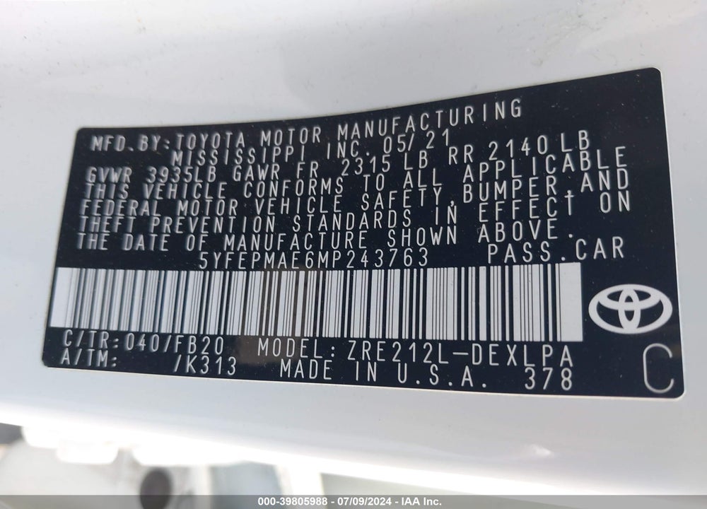 2021 TOYOTA COROLLA LE VIN: 5YFEPMAE6MP243763