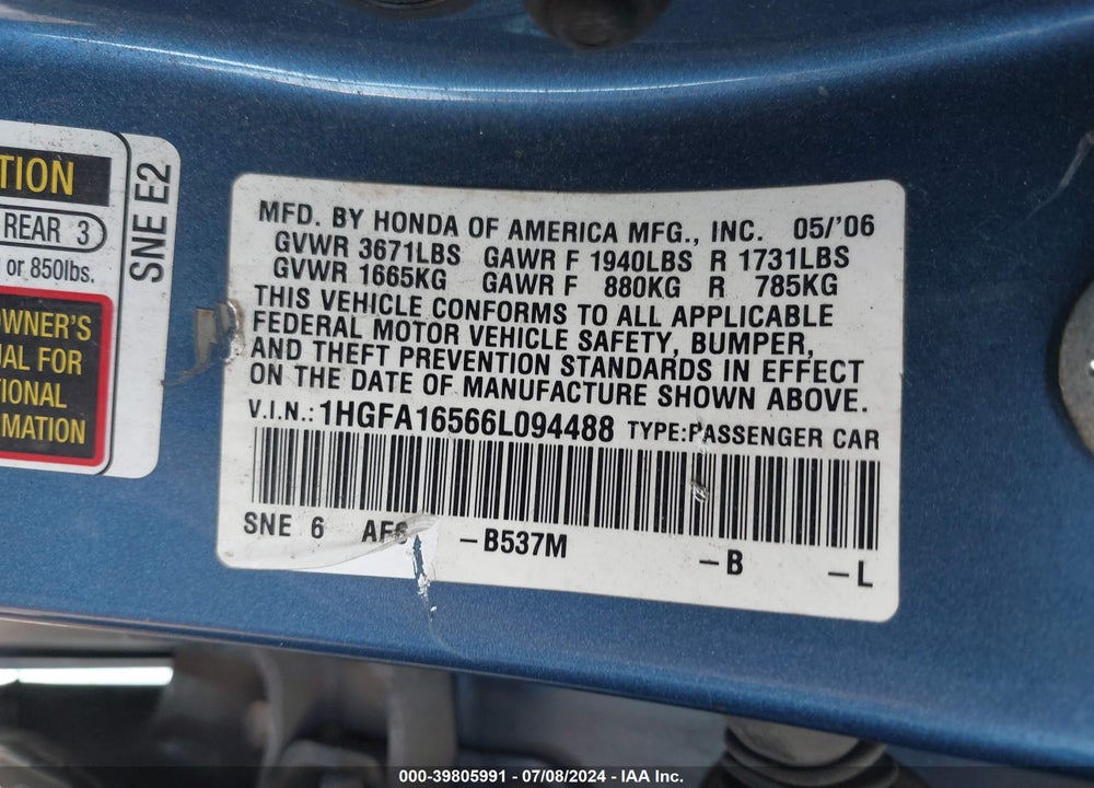 2006 HONDA CIVIC LX VIN: 1HGFA16566L094488