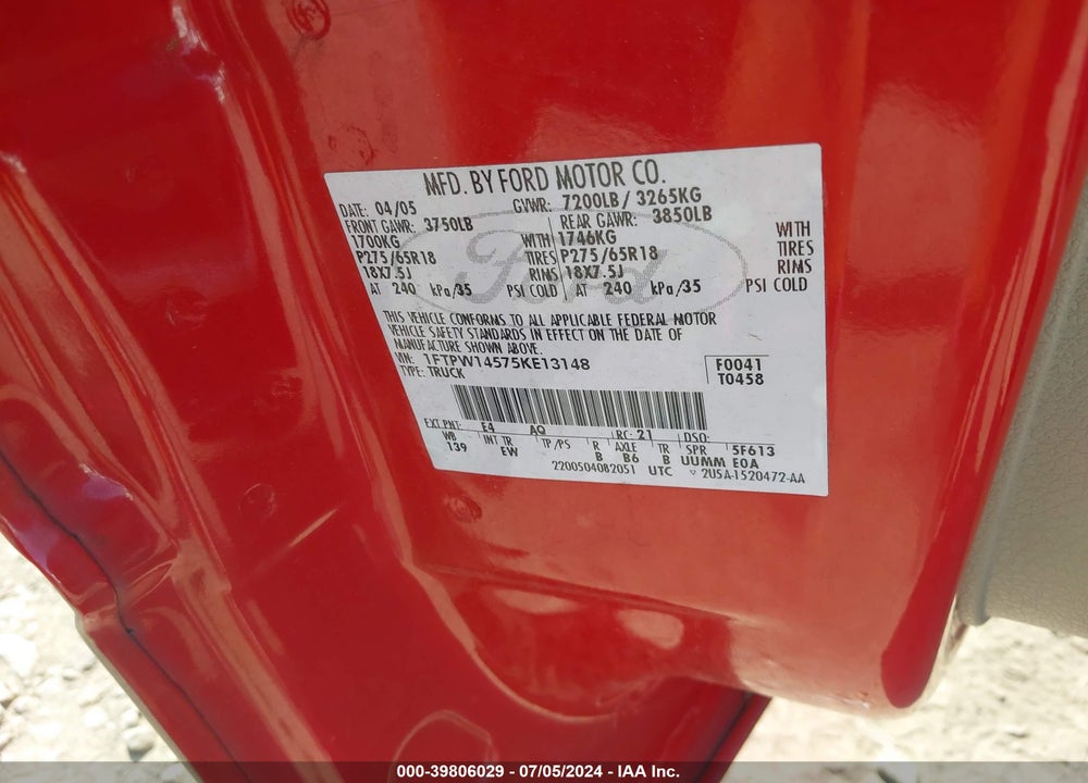 2005 FORD F-150 FX4/LARIAT/XLT VIN: 1FTPW14575KE13148
