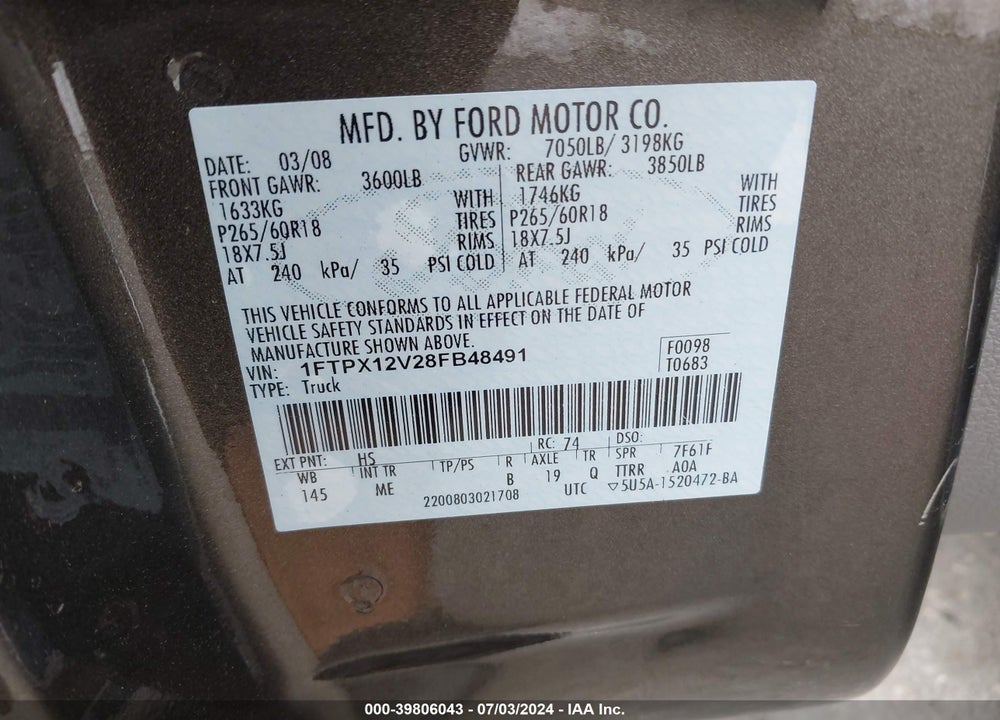 2008 FORD F-150 FX2/LARIAT/XL/XLT VIN: 1FTPX12V28FB48491