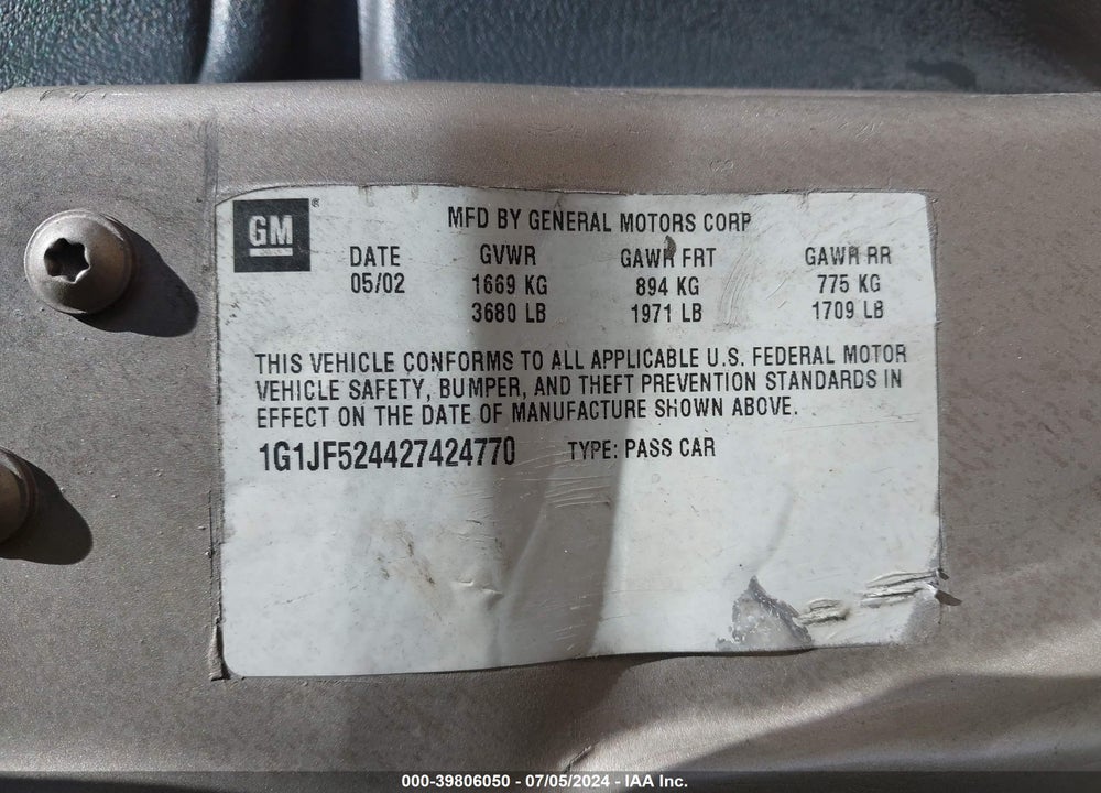 2002 CHEVROLET CAVALIER LS VIN: 1G1JF524427424770