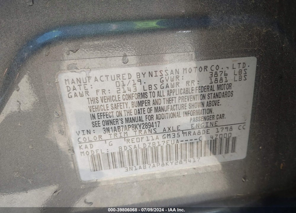2019 NISSAN SENTRA SV VIN: 3N1AB7AP8KY289417