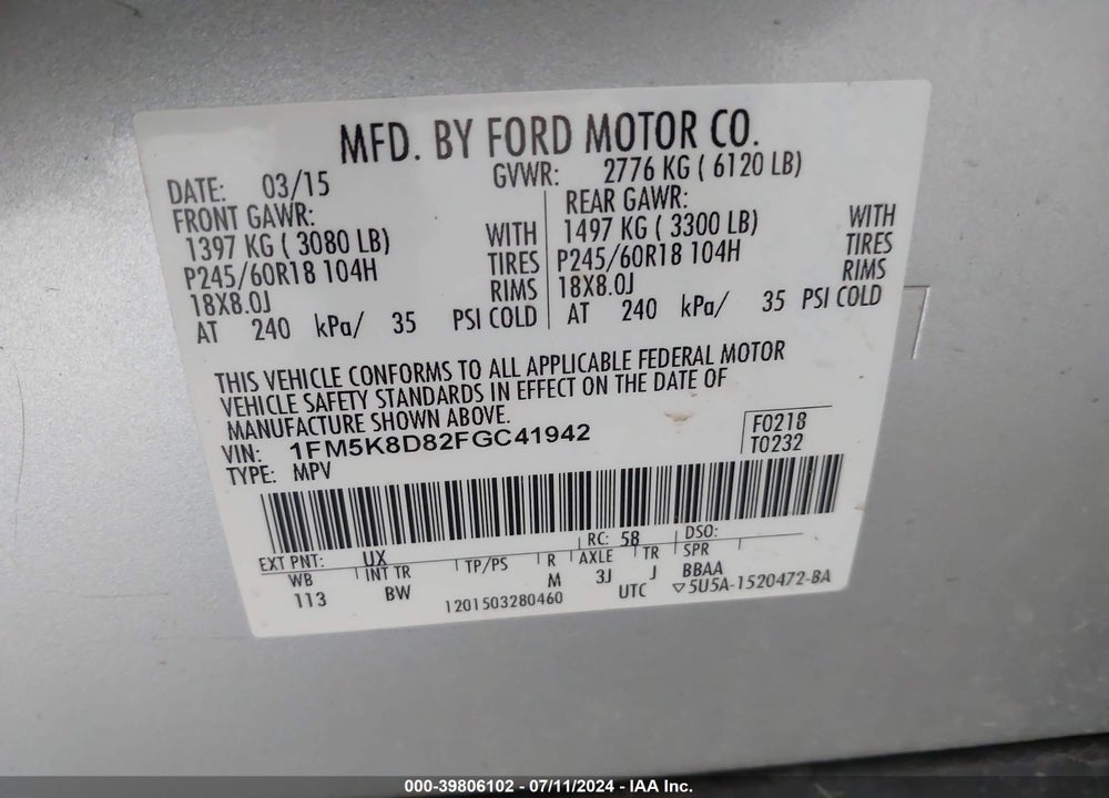 2015 FORD EXPLORER XLT VIN: 1FM5K8D82FGC41942