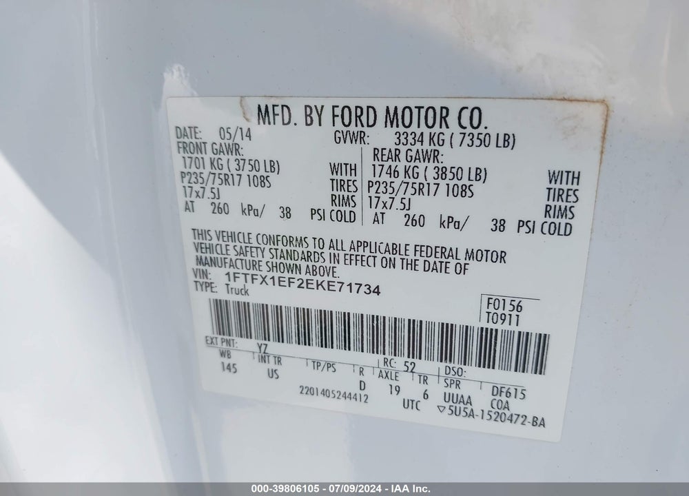 2014 FORD F-150 XLT VIN: 1FTFX1EF2EKE71734