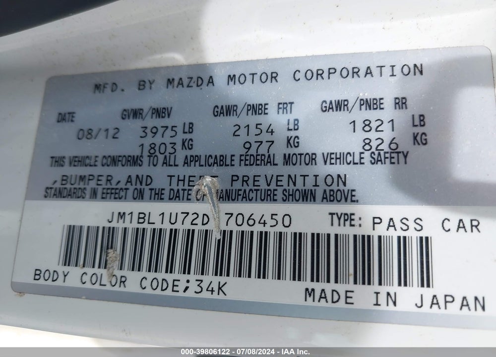 2013 MAZDA 3 I SPORT VIN: JM1BL1U72D1706450