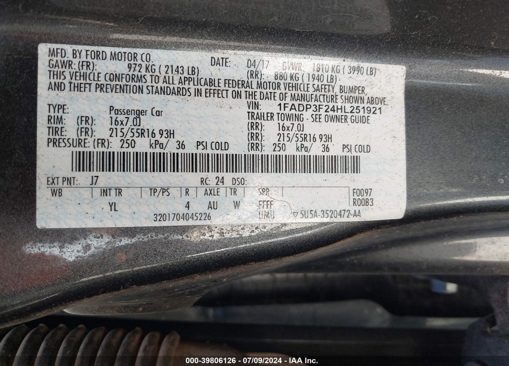 2017 FORD FOCUS SE VIN: 1FADP3F24HL251921