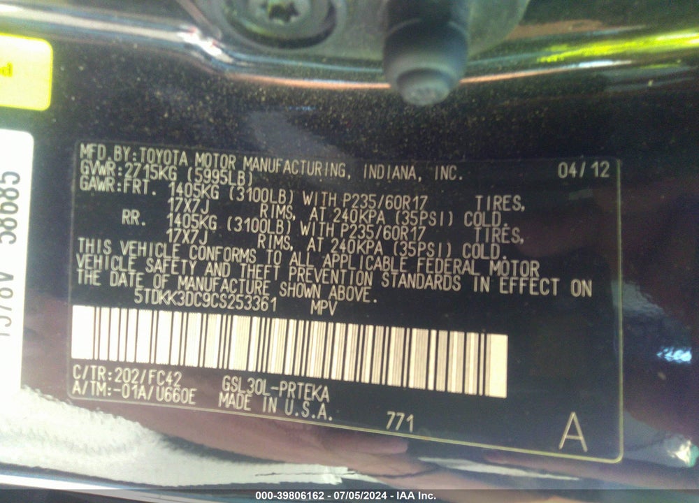2012 TOYOTA SIENNA LE V6 8 PASSENGER VIN: 5TDKK3DC9CS253361