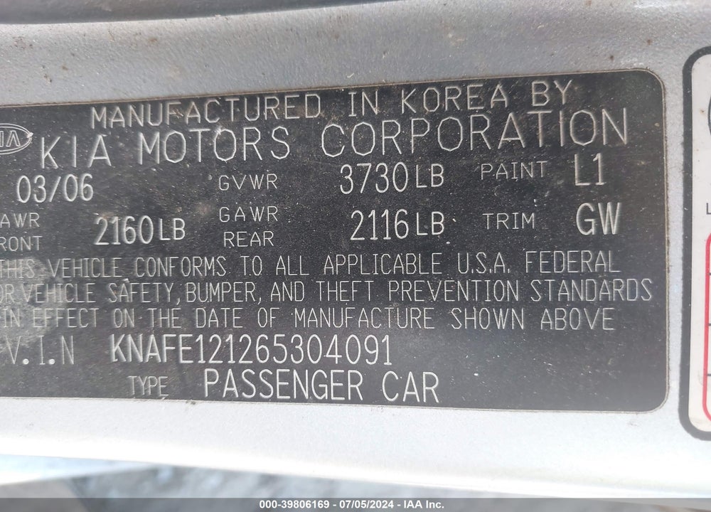 2006 KIA SPECTRA EX/LX/SX VIN: KNAFE121265304091