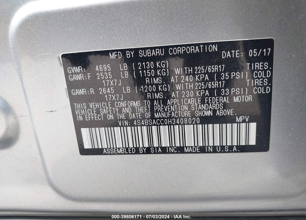 2017 SUBARU OUTBACK 2.5I PREMIUM VIN: 4S4BSACC0H3408020