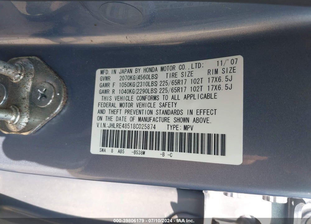 2008 HONDA CR-V EX VIN: JHLRE48518C025874