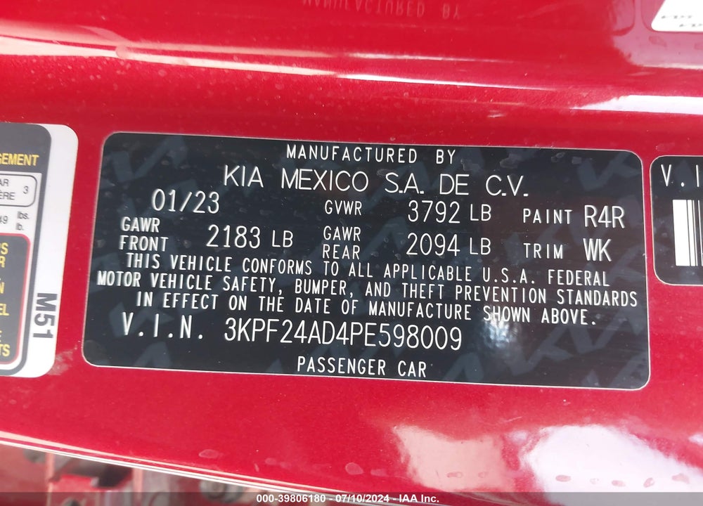 2023 KIA FORTE LXS VIN: 3KPF24AD4PE598009