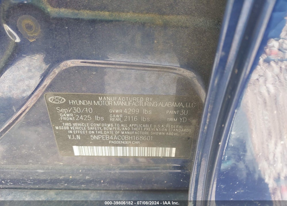 2011 HYUNDAI SONATA GLS VIN: 5NPEB4AC0BH168601