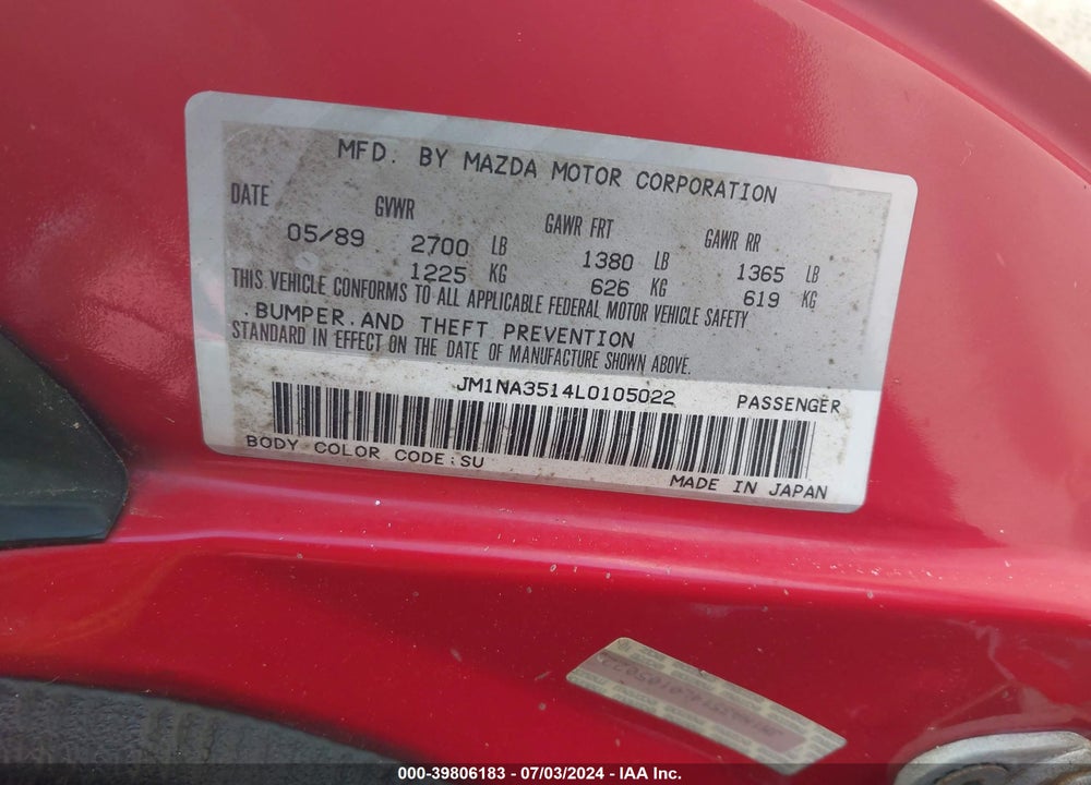 1990 MAZDA MX-5 MIATA VIN: JM1NA3514L0105022
